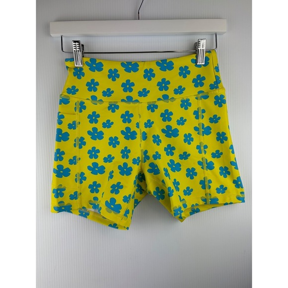 Voxy Pants - Voxy Shorts S Yellow Blue Floral Biker High Waisted Retro Fun Gym Spandex Pocket